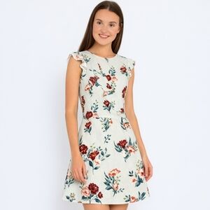 Mango Suit | Frilled Sleeve Mint Green Floral Mini Dress